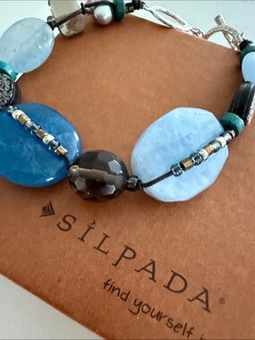 Sterling Silver, Etched Shell, Pearl, Quartz, Magnesite and Glass Bracelet B2240
